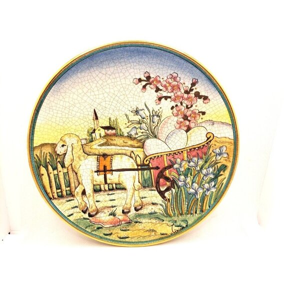 Italian Easter Lamb Egg Cart Plate By Vitiziano 287/2000 Veneto Flair 1975 8-3/4 - Picture 1 of 8